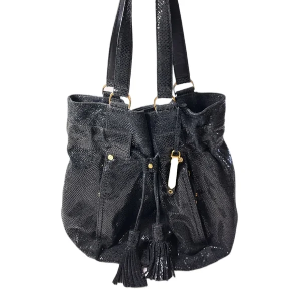 Cole Haan Women's Black Shoulder Bag Shiny Snake Skin Drawstring - Picture 4 of 16